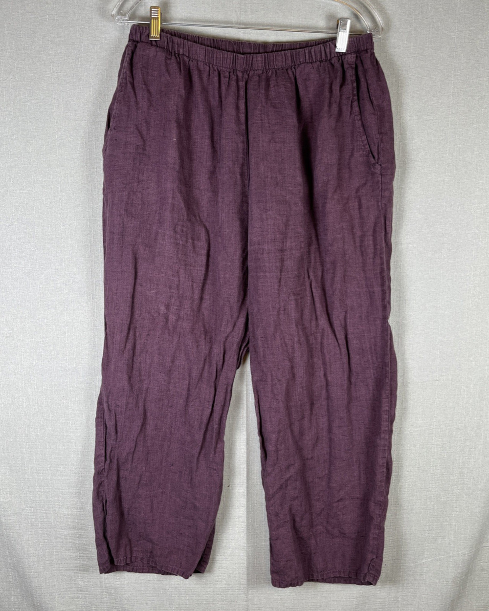 Flax Wide Leg 100% Linen Pants Size M Lagenlook Beach Coastal Purple Pockets EUC